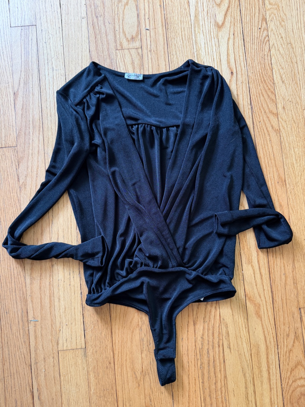 Free People Turnt Black Surplice Neckline Draped Bodysuit XS long sleeve thong - Picture 3 of 5